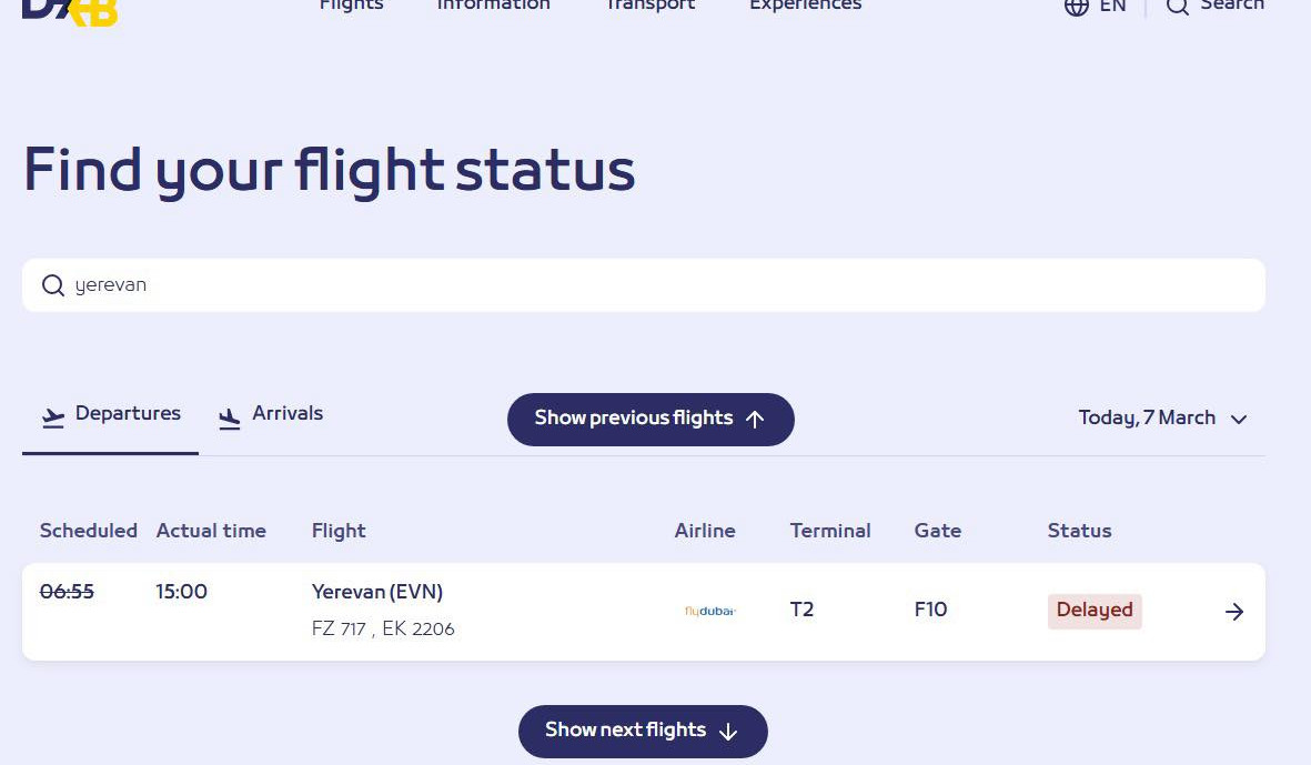 Ռմբակոծությունների հետևանքով հետաձգվել է FlyDubai-ի Դուբայ-Երևան թռիչքը. ԱԳՆ